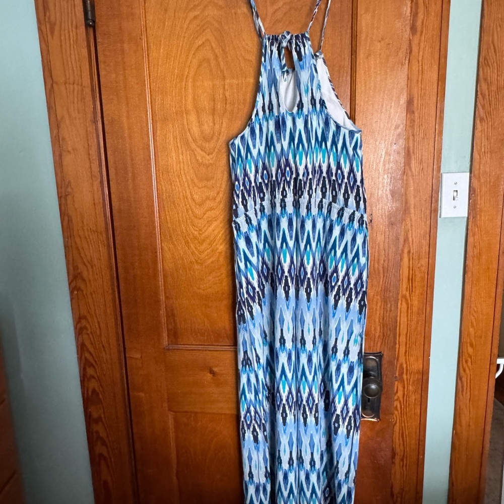 Athleta Shades of Blue Geo Print Halter Maxi Dress with tie waist - M